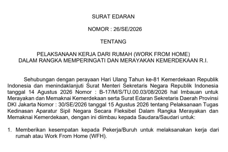 Pemprov DKI Jakarta Keluarkan Imbauan WFH pada 18 Agustus 2026