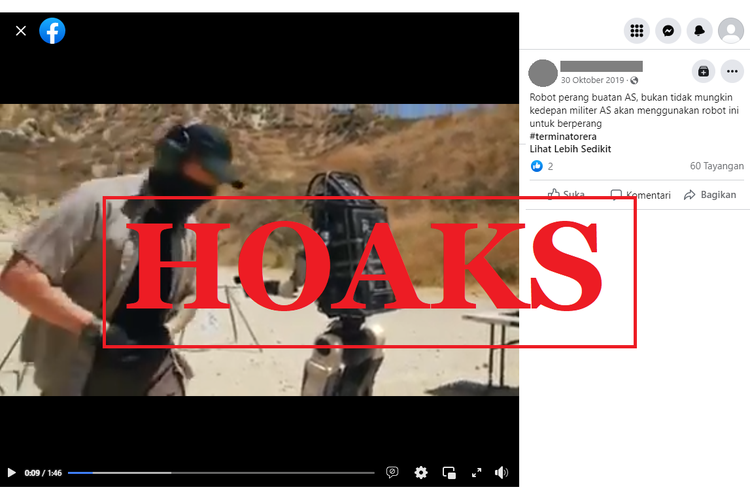Tangkapan layar unggahan dengan narasi hoaks di sebuah akun Facebook, soal video robot militer milik AS yang siap berperang. Faktanya, video itu adalah rekayasa hasil karya tim Corridor menggunakan teknologi CGI.