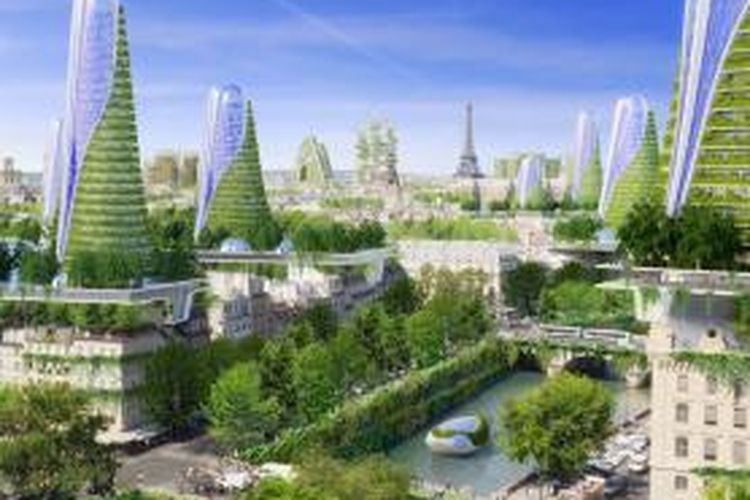 Gambaran delapan tipologi menara hijau di Paris. Setiap menara tersebut mengintegrasikan unsur-unsur alam dan energi terbarukan di antara padatnya bangunan di Paris. 
