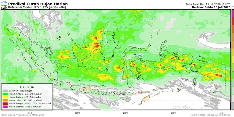 Peta ini menunjukkan data Prediksi Curah Hujan Harian oleh BMKG. Menunjukkan kondisi cuaca di sejumlah wilayah di Indonesia.