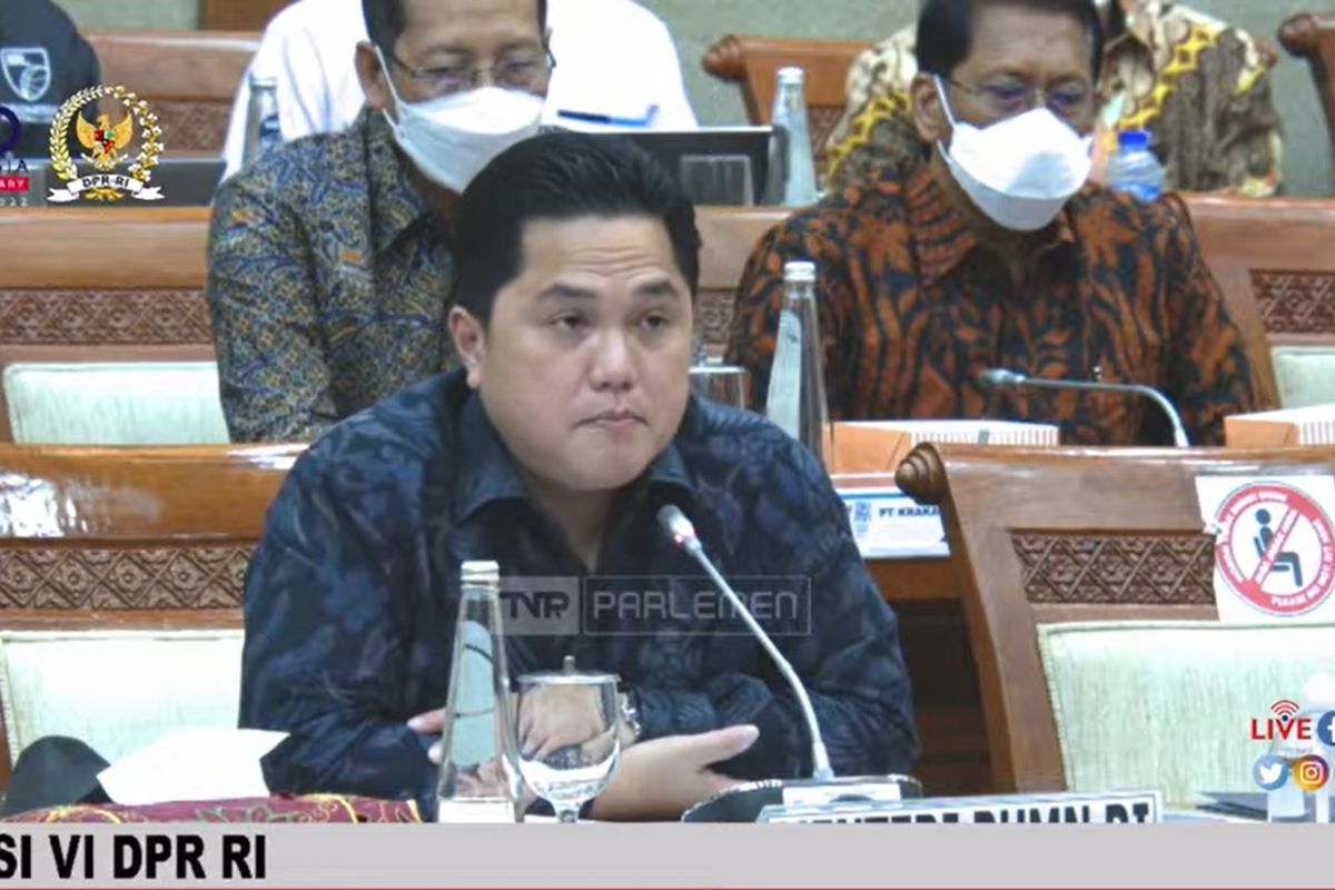 Menteri BUMN Erick Thohir saat rapat kerja dengan Komisi VI DPR, Jakarta, Senin (4/7/2022)