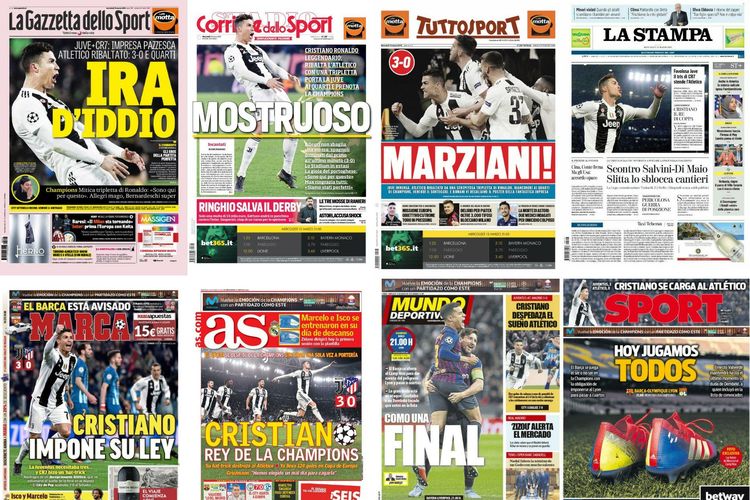 Headline media-media Eropa setelah aksi Cristiano Ronaldo yang mencetak tiga gol untuk membantu Juventus lolos ke perempat final Liga Champions setelah mengalahkan Atletico Madrid, Minggu (13/3/2019) dini hari WIB.