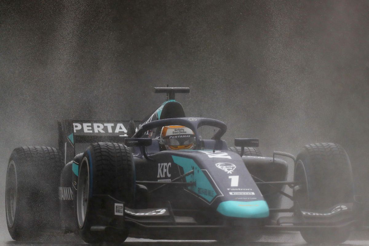 SPIELBERG, AUSTRIA - JULY 11:   Sean Gelael of Indonesia and DAMS (1) drives to the pit lane before the feature race for the Formula 2 Championship at Red Bull Ring on July 11, 2020 in Spielberg, Austria. (Photo by Dan Istitene - Formula 1/Formula 1 via Getty Images)