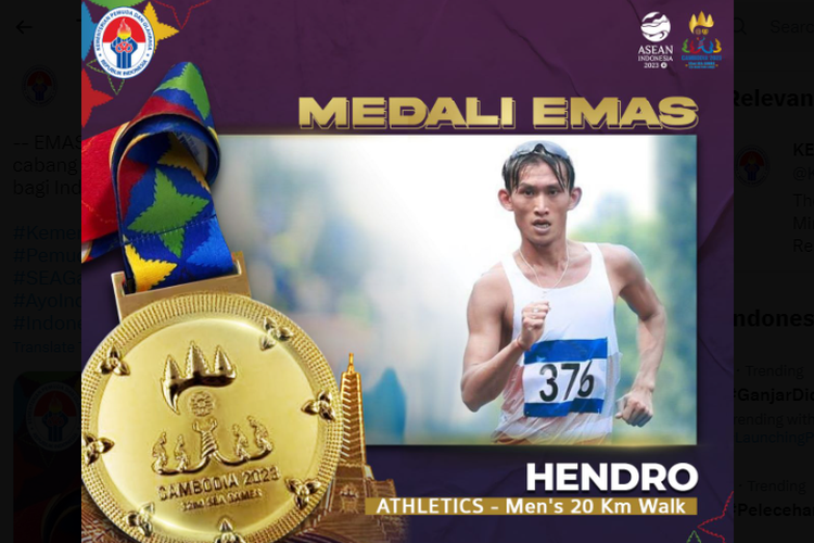 Tangkapan layar Twitter @KEMENPORA_RI yang memuat pengumuman prestasi Hendro Yap, sang peraih medali emas SEA Games 2023 di nomor jala cepat.