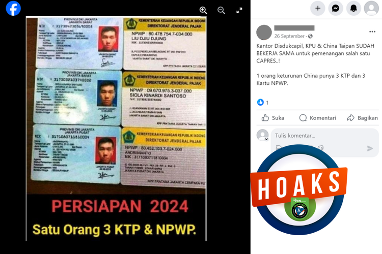Tangkapan layar konten hoaks di sebuah akun Facebook, 26 September 2023, soal keberadaan KTP dan NPWP ganda sebagai bentuk kecurangan Pemilu 2024.