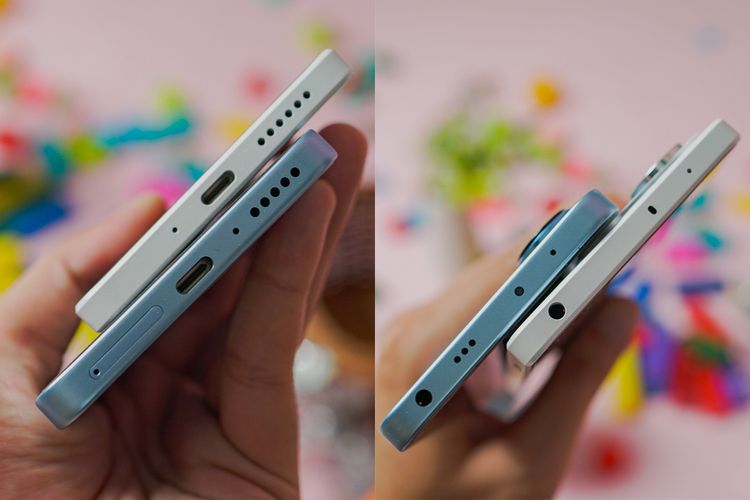 Sisi bawah (foto kiri) dari Xiaomi Redmi Note 13 4G warna Ice Blue dan Xiaomi Redmi Note 13 5G warna Arctic White. Di sisi atas (foto kanan), hanya Xiaomi Redmi Note 13 4G yang memiliki loudspeaker kedua. 