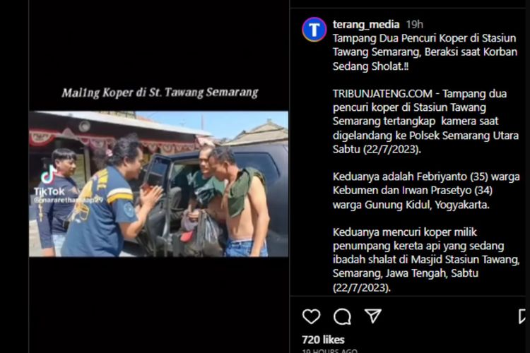 Tangkapan layar unggahan video ketika polisi mengucapkan selamat datang kepada pelaku pencurian koper yang diamankan ke Polsek Semarang Utara pada Sabtu (22/7/2023).