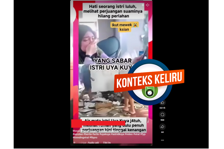 Tangkapan layar Facebook video yang diklaim menampilkan istri Uya Kuya menangis karena rumahnya dijarah