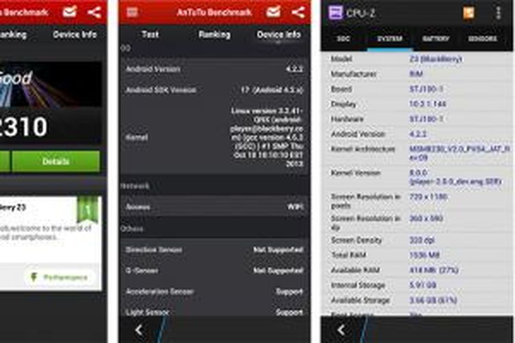 Software benchmark Android juga bisa berjalan di BlackBerry Z3, meski mungkin tidak menggambarkan kinerja sistem sebenarnya karena mengukur lewat runtime Android yang berjalan di atas OS BlackBerry 10.2.1