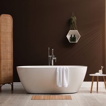 Ilustrasi kamar mandi dengan warna cat coklat.