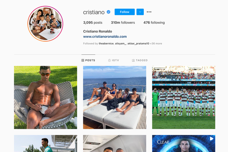 Instagram Christiano Ronaldo dengan 300 juta pengikut.
