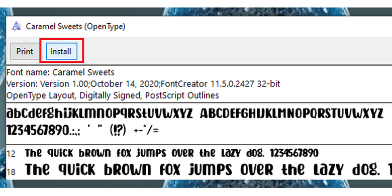 Jendela pratinjau font. Klik install agar font bisa digunakan pada Microsoft Word.