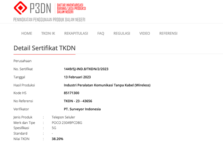 Halaman sertifikat Tingkat Komponen Dalam Negeri (TKDN) Kementerian Perindustrian (Kemenperin) yang diduga adalah Poco F5. Perangkat tersebut tercatat memiliki nomor model 23049PCD8G yang sama dengan versi global