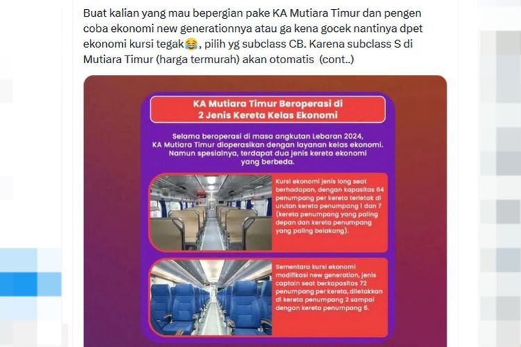 Tangkapan layar unggahan mengenai terdapat dua kelas ekonomi di kereta api (KA) Mutiara Timur.