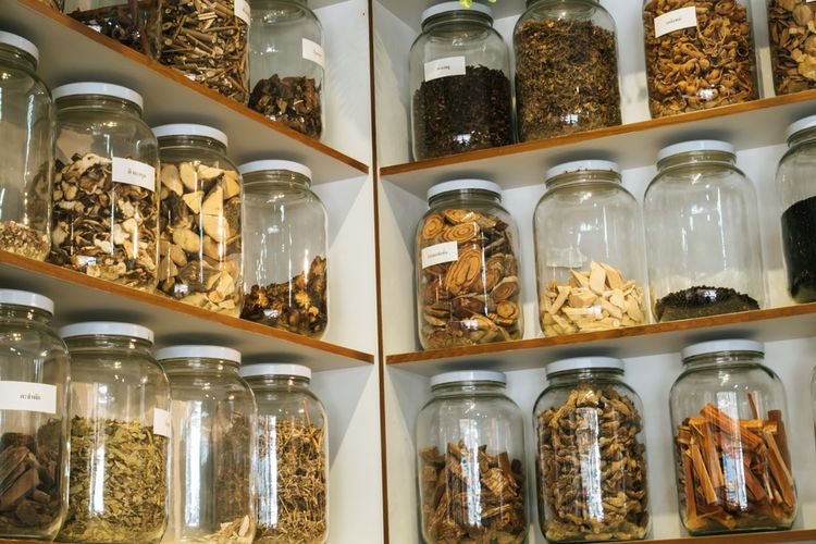 Various herbal medicines in jars  