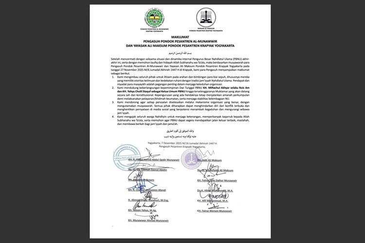 Maklumat Pesantren Krapyak yang mengimbau agar PBNU menghormati otoritas kiai sepuh.