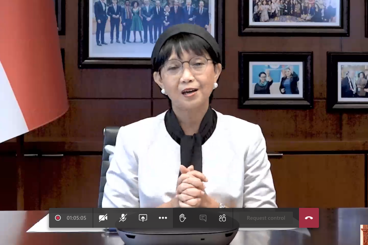 Indonesian Foreign Minister Retno Marsudi delivers a virtual commencement speech for graduates of the Open University in South Korea 