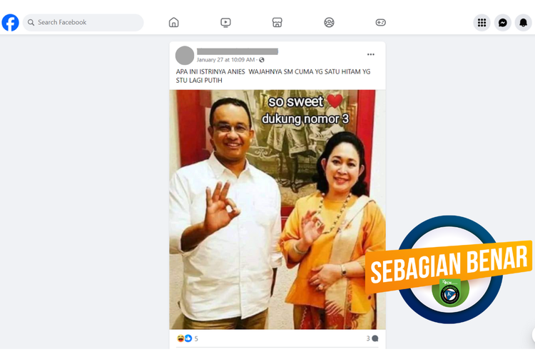 Tangkapan layar konten sebagian benar di sebuah akun Facebook, Sabtu (27/1/2024), soal foto Anies Baswedan dan Titiek Soeharto berpose tiga jari.