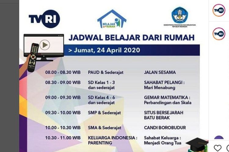 Tangkapan layar jadwal Belajar dari Rumah di TVRI Jumat 24 April 2020.