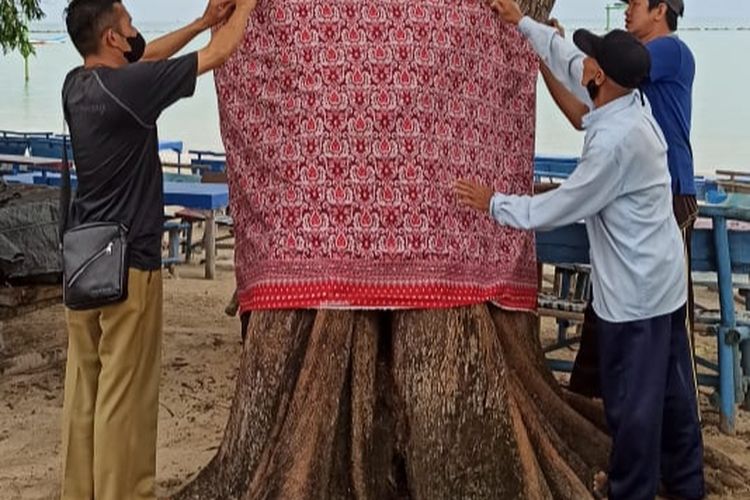 Tampilan kain cual khas Bangka yang membalut pohon di Pantai Pasir Padi, Kota Pangkalpinang, Kepulauan Bangka Belitung, Senin (21/11/2022).