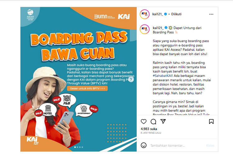 Tangkapan layar PT Kereta Api Indonesia (KAI) menggelar program Boarding Pass Through Value (BPTV) dengan tajuk ?Boarding Pass Bawa Cuan?