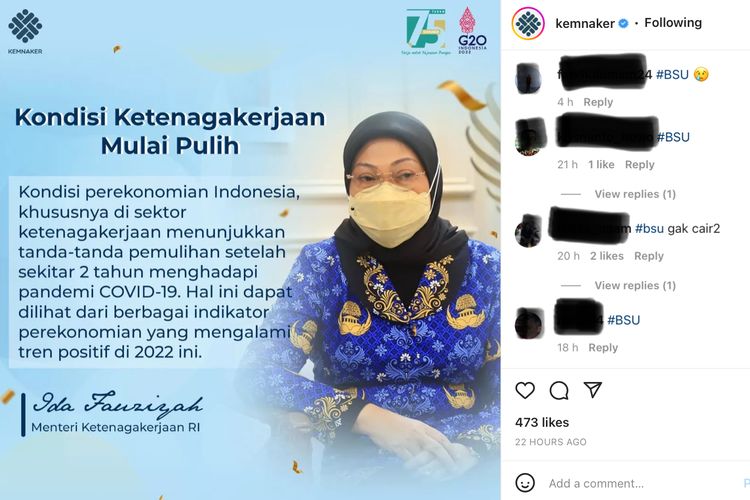 Tangkapan layar Instagram Kemnaker, warganet menanyakan pencairan BSU.