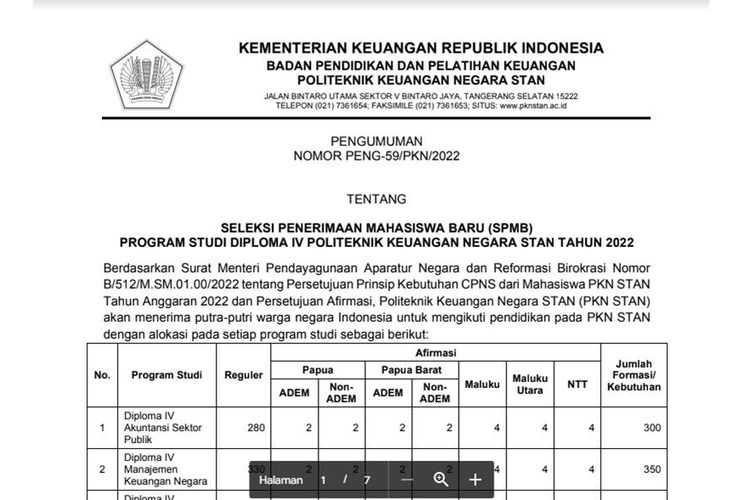 Tangkapan layar pengumuman pendaftaran PKN STAN 2022