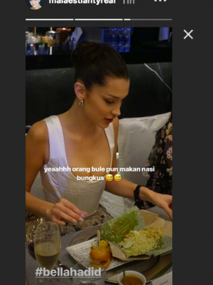 Bella Hadid makan nasi bungkus. (Instagram/Maiaestiantyreal)