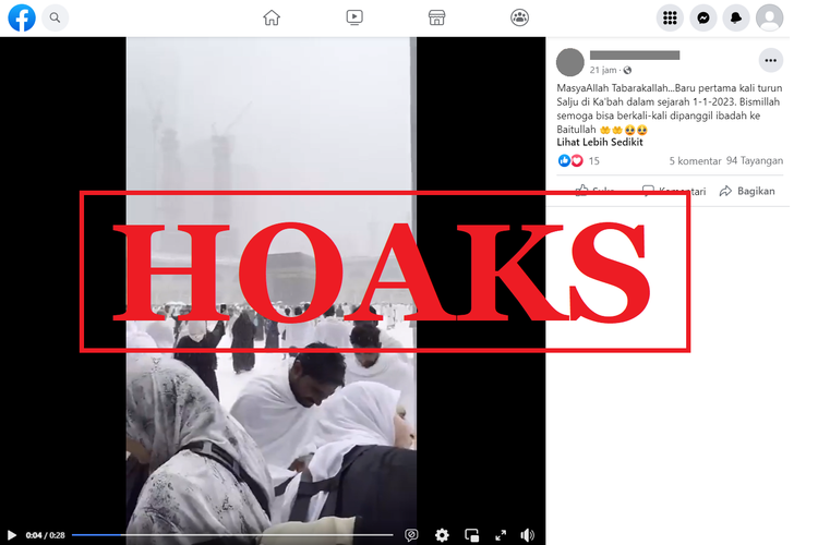 Tangkapan layar unggahan hoaks di sebuah akun Facebook, Senin (2/1/2023), soal video turun salju di Kabah pada 1 Januari 2023. Faktanya, suhu di Mekkah hari itu 30 derajat Celcius dan tidak turun salju.