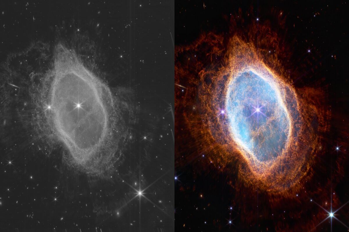 Gambar alam semesta penuh warna (kanan) dan gambar monokromatik (kiri) dari Teleskop James Webb.