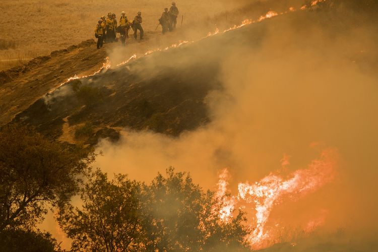 Petugas pemadam kebakaran berjibaku memadamkan api di dekat permukiman Las Palmas, Salinas, California, Amerika Serikat, Rabu (19/8/2020).