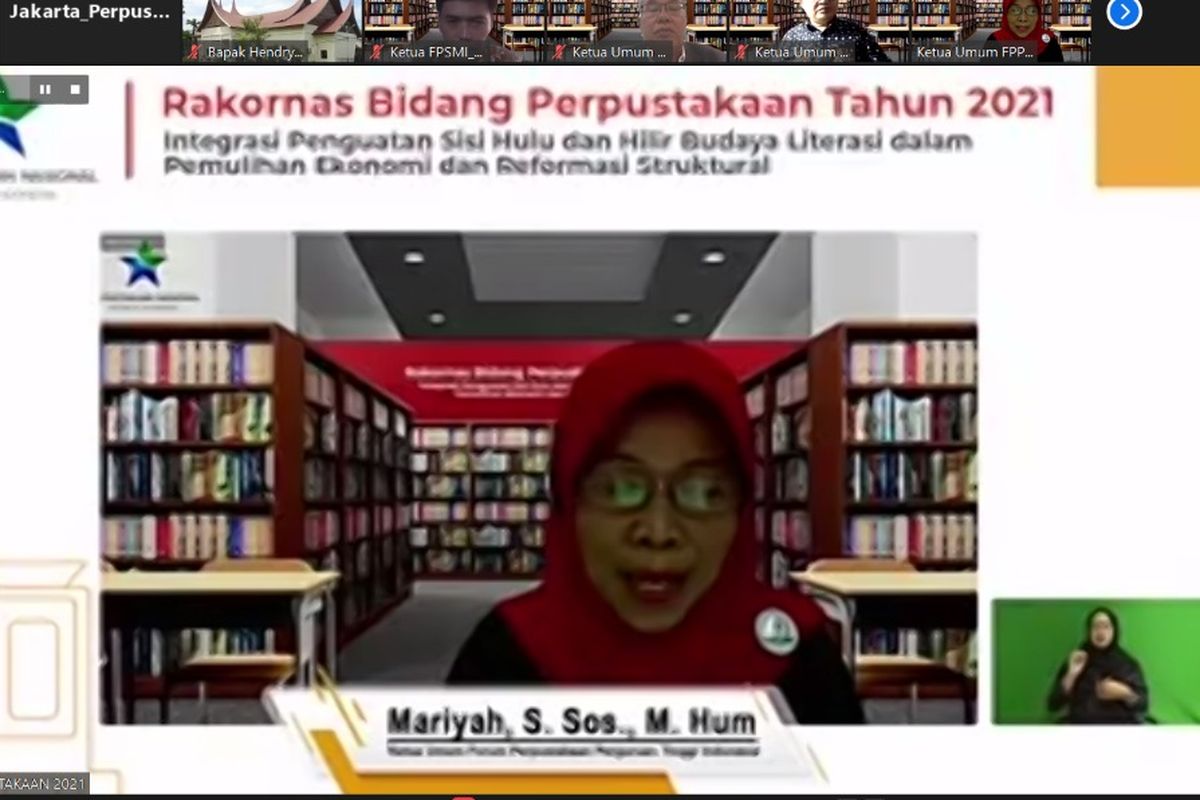 Mariyah, Ketua FPPTI dalam Rakornas Bidang Perpustakaan Tahun 2021 ?Integrasi Penguatan Sisi Hulu dan Hilir Budaya Literasi Dalam Pemulihan Ekonomi dan Reformasi Struktural? secara virtual pada Selasa (23/3/2021).