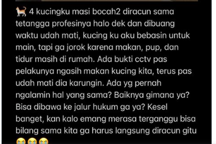 Tangkapan layar dugaan kasus pembunuhan kucing. Bisakah pelakunya dilaorkan polisi dan mendapatkan hukuman?