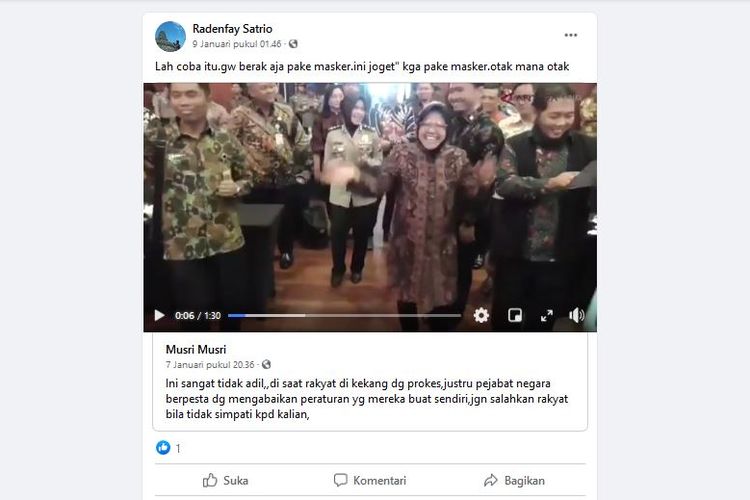 Tangkapan layar unggahan Facebook yang menampilkan Tri Rismaharini berjoget tanpa masker dengan sejumlah orang di dalam ruangan