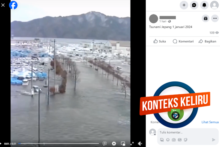 Tangkapan layar konten dengan konteks keliru di sebuah akun Facebook, Selasa (2/1/2023), menampilkan ratusan mobil terhempas tsunami Jepang.
