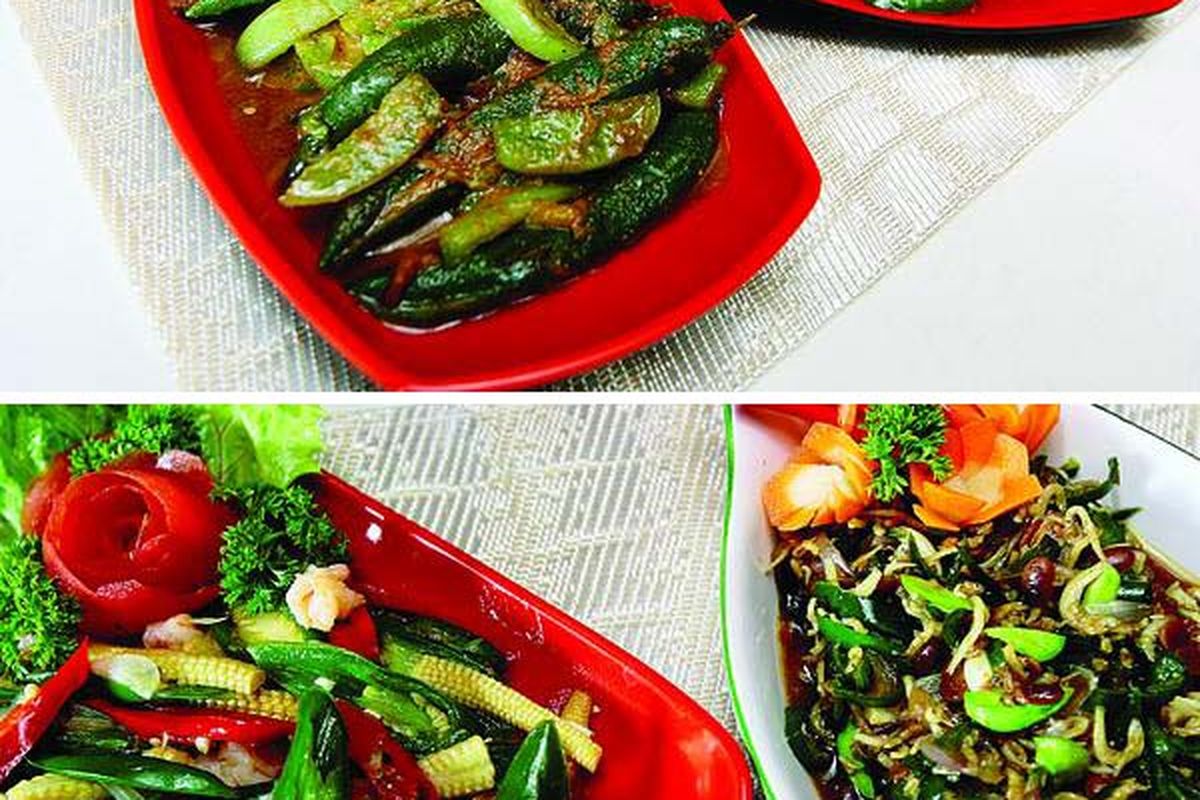 Ase cabai hijau (kiri) dan jambal roti dengan cabai hijau (foto atas). Tumis jagung puntren dengan cabai hijau (kiri) dan teri pedas dengan cabai hijau (foto bawah).
