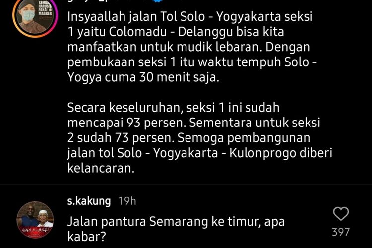 Tangkapan layar kolom komentar di akun instagram milik Ganjar Pranowo yang diunggah pada Senin (27/2/2023).