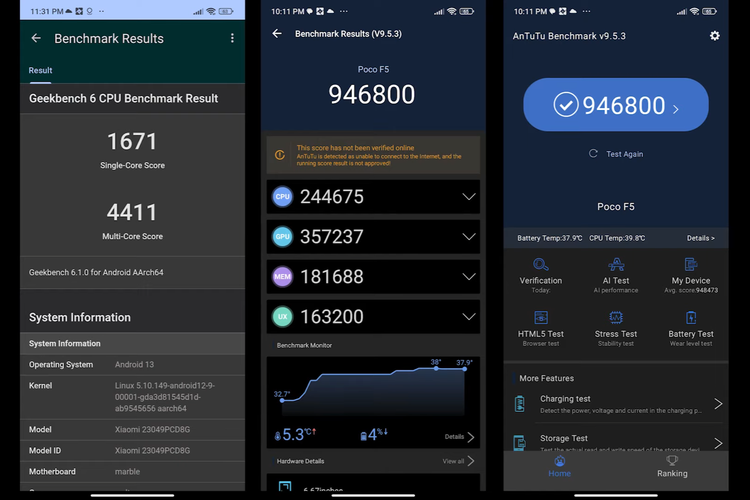 Skor benchmark AnTuTu v9 dan Geekbench 6 dari Poco F5