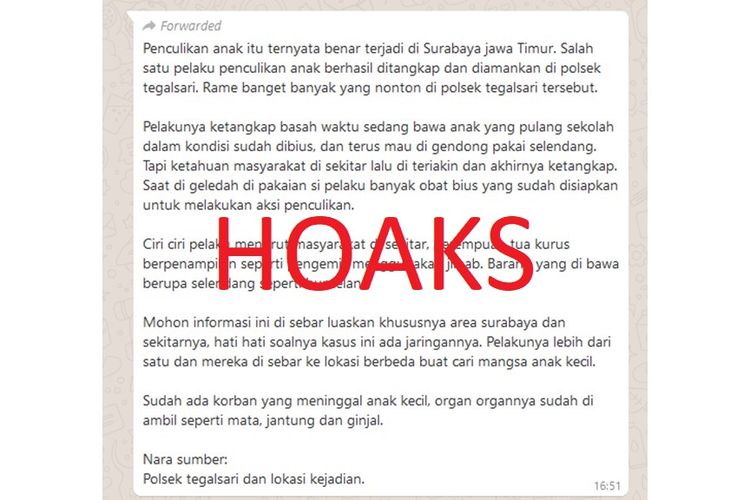 Hoaks pesan berantai mengenai Polsek Tegalsari yang mengamankan pelaku penculikan anak di Surabaya.