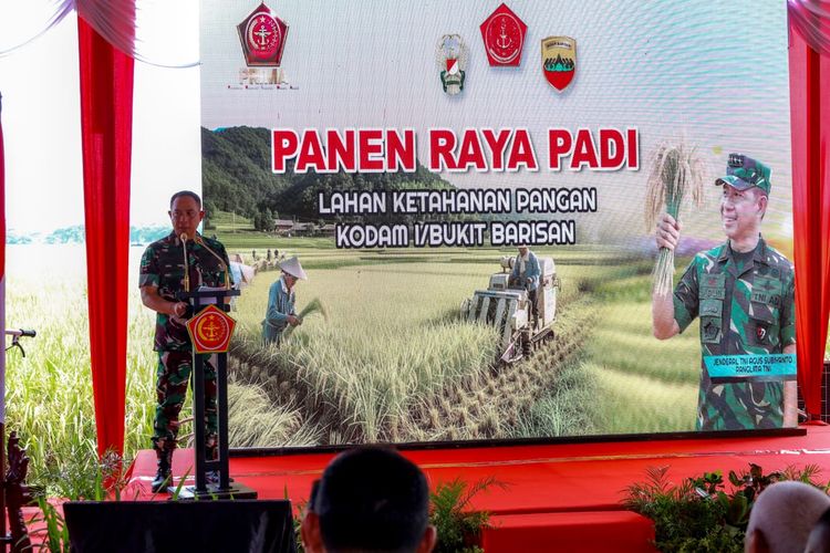 Panglima TNI Jenderal Agus Subiyanto dalam kegiatan Panen Raya Padi di lahan ketahanan pangan milik Kodam I/Bukit Barisan, Desa Sidoarjo Ramunia, Kabupaten Deli Serdang, Sumatera Utara, Kamis (10/7/2025).