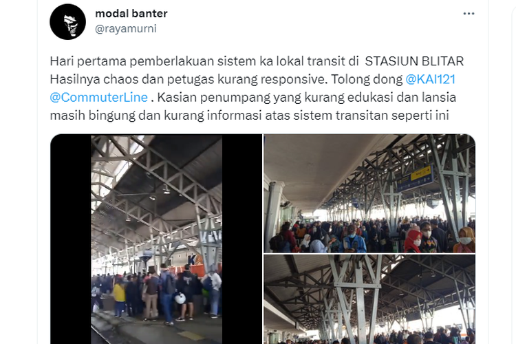 Tangkapan layar twit yang menyertakan video dan foto bernarasi situasi chaos akibat pemberlakuan sistem transit kereta lokal di Stasiun Blitar.