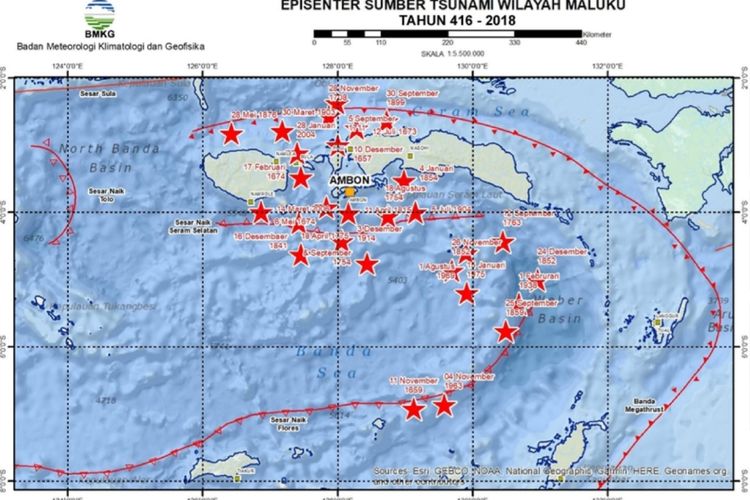 Peta sebaran sumber tsunami di wilayah Maluku tahun 416-2018.