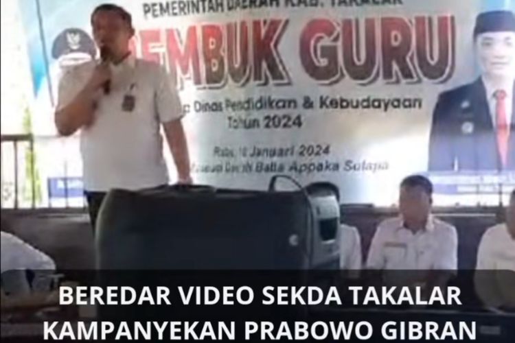 Beredar video Sekretaris Daerah (Sekda) Kabupaten Takalar, Muhammad Hasbi diduga mengkampanyekan pasangan capres-cawapres nomor urut dua Prabowo-Gibran di berbagai media sosial (Medsos).