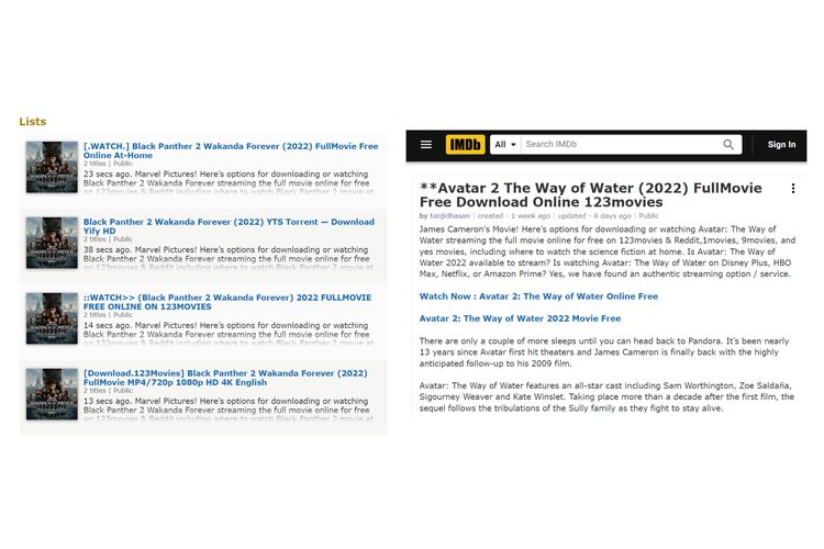 Tangkapan layar spammer membuat List IMDb untuk mempromosikan link haram untuk menonton dan mengunduh film Avatar 2 dan Black Panther 2.