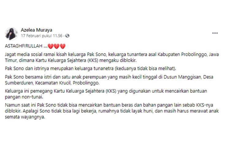 Tangkapan layar hoaks unggahan yang menyebut keluarga tunanetra asal Kabupaten Probolinggo, Jawa Timur, tak bisa mengambil bantuan beras karena Kartu keluarga Sejahtera (KKS) diblokir.