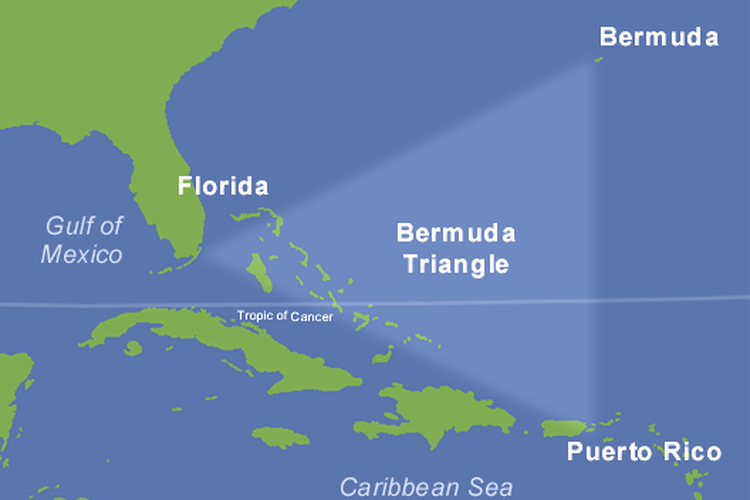 Ilustrasi peta wilayah Segitiga Bermuda, salah satu tempat paling misterius di bumi.