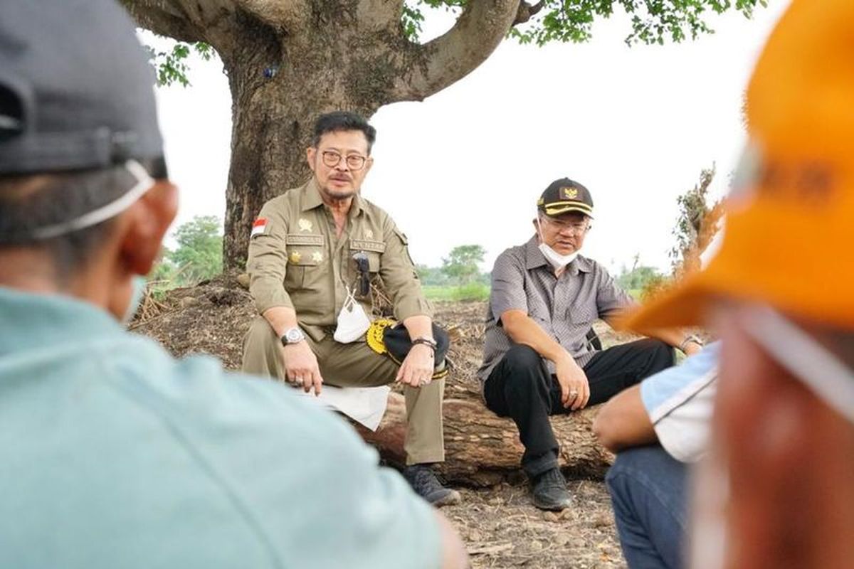 Menteri Pertanian (Mentan) Syahrul Yasin Limpo (SYL) sedang mengobrol dengan para petani.