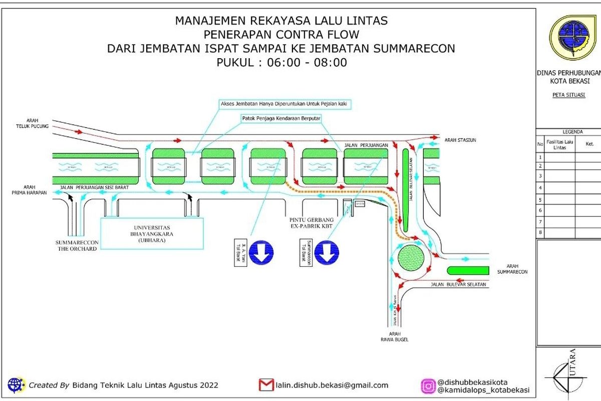 Peta manajemen rekayasa lalu lintas penerapan contraflow dari Jembatan Ispat sampai ke Jembatan Summarecon. Uji coba contraflow ini akan digelar mulai Selasa (23/8/2022) sejak pukul 06.00-08.00 WIB.