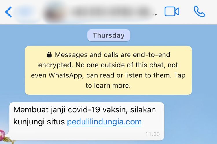 Pesan WA dari situs PeduliLindungi palsu