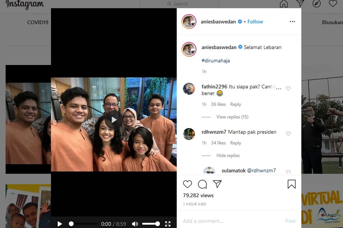 Gubernur Anies Baswedan melakukan tayangan langsung via media sosial Instagram untuk bercakap-cakap dengan warga dari berbagai daerah merayakan Idul Fitri.